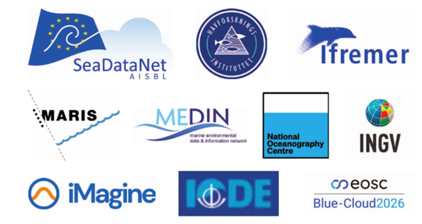 Logo's van SeaDataNet, Havforsknings Instituttet, Ifremer, MARIS, MEDIN, National Oceanography Centre, INGV, iMagine, IODE en EOSC